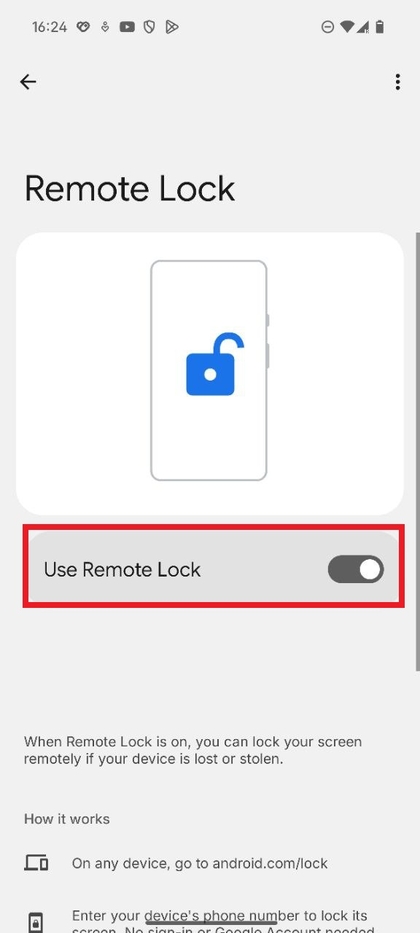 Screenshot of the Remote lock toggle switch being enabled.