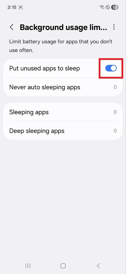 Activează punerea aplicațiilor neutilizate în repaus