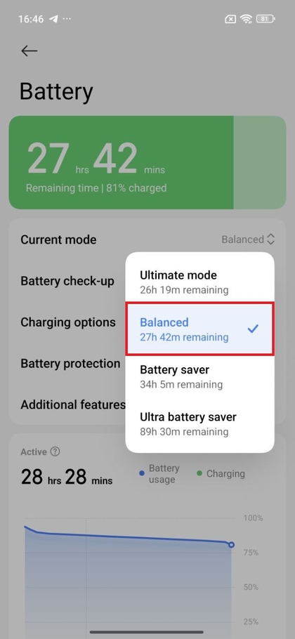 Battery (Akku) Einstellungen, die die Option zum Wechsel zum ausgewogenen Modus anzeigen