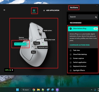Logitech Options-software met Action Ring-configuratie