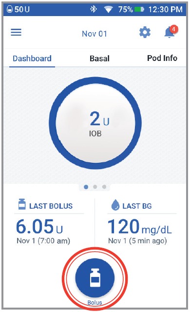 OmniPod - DASH System - Administrar un bolo Paso 1 Administrar un bolo Paso 1