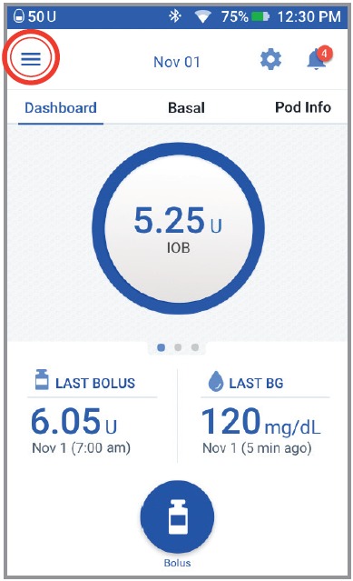 OmniPod - DASH System - Establecer una tasa basal temporal Paso 1 Establecer una tasa basal temporal Paso 1
