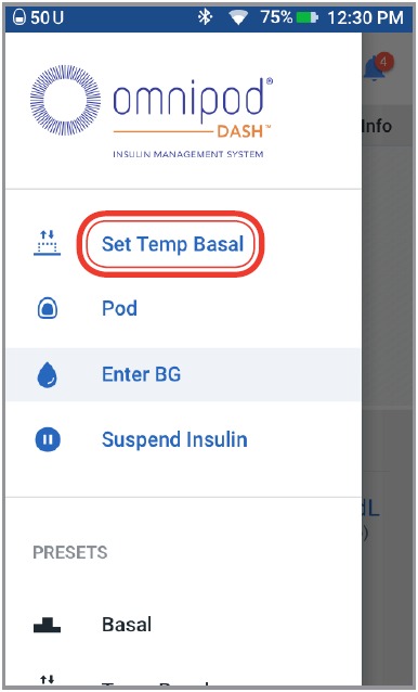 OmniPod - DASH System - Establecer una tasa basal temporal Paso 2 Establecer una tasa basal temporal Paso 2