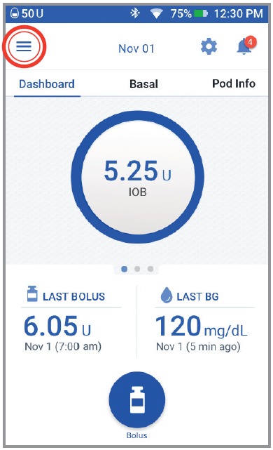 OmniPod - DASH System - Suspender la administración de insulina Paso 1 Suspender la administración de insulina Paso 1