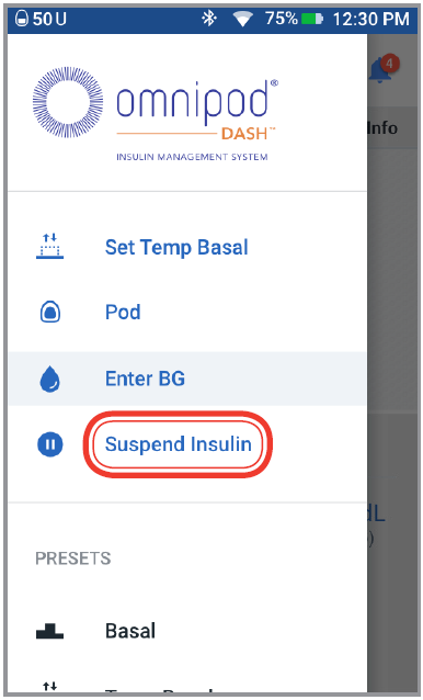 OmniPod - DASH System - Suspender la administración de insulina Paso 2 Suspender la administración de insulina Paso 2