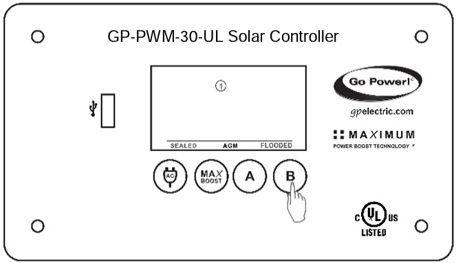 Go Power - GP-PWM-30-UL - Nastavenie typu batérie a nabíjacieho profilu Nastavenie batérie 1 Krok 1 Nastavenie typu batérie a nabíjacieho profilu Nastavenie batérie 1 Krok 1