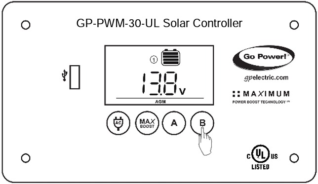 Go Power - GP-PWM-30-UL - Zobrazenie informácií na displeji regulátora Režim 1 Krok 1 Zobrazenie informácií na displeji regulátora Režim 1 Krok 1
