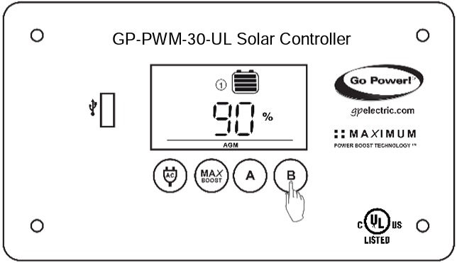 Go Power - GP-PWM-30-UL - Zobrazenie informácií na displeji regulátora Režim 1 Krok 3 Zobrazenie informácií na displeji regulátora Režim 1 Krok 3