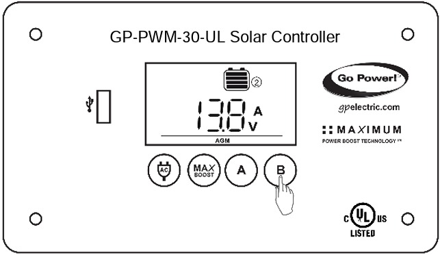Go Power - GP-PWM-30-UL - Zobrazenie informácií na displeji regulátora Režim 1 Krok 4 Zobrazenie informácií na displeji regulátora Režim 1 Krok 4
