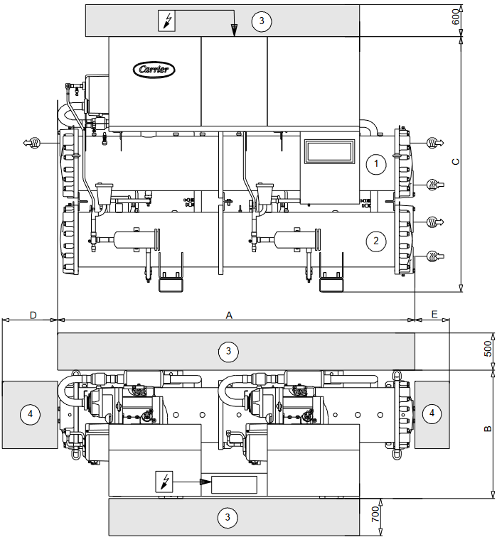 Carrier - 30HXC 080-375 - DIMENZIJE, PROSTORI, PORAZDELITEV TEŽE - 30HXC 080-190 DIMENZIJE, PROSTORI, PORAZDELITEV TEŽE - 30HXC 080-190