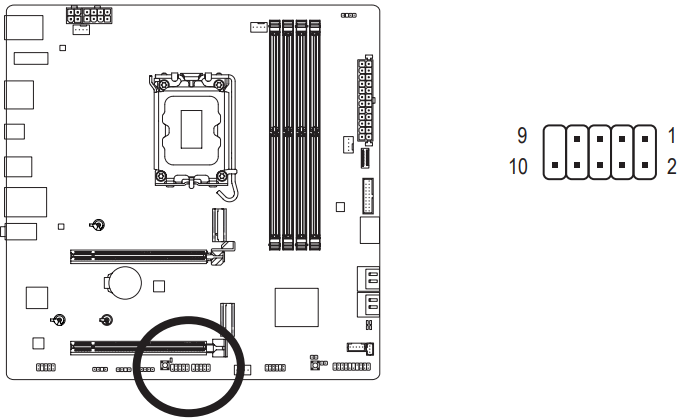 GIGABYTE - B760M AORUS ELITE X AX - F_USB1/F_USB2 (USB 2.0/1.1 Headers) F_USB1/F_USB2 (USB 2.0/1.1 pesaliistud)