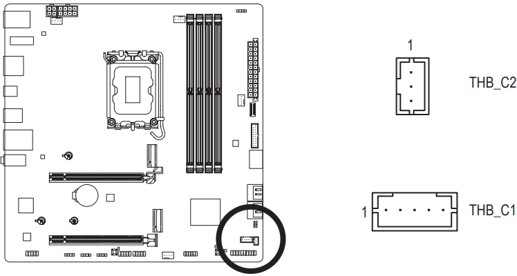 GIGABYTE - B760M AORUS ELITE X AX - THB_C1/THB_C2 (Thunderbolt™ Add-in Card Connectors) THB_C1/THB_C2 (Thunderbolt™ lisakaardi pistikud)