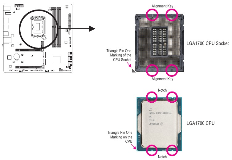 GIGABYTE - Z790M AORUS ELITE AX - Σημειώστε τον προσανατολισμό της CPU Σημειώστε τον προσανατολισμό της CPU