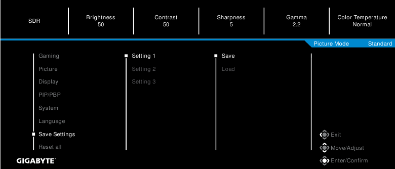 GIGABYTE - M27U - Configure the Device Settings - Αποθήκευση ρυθμίσεων Διαμόρφωση των ρυθμίσεων της συσκευής - Αποθήκευση ρυθμίσεων