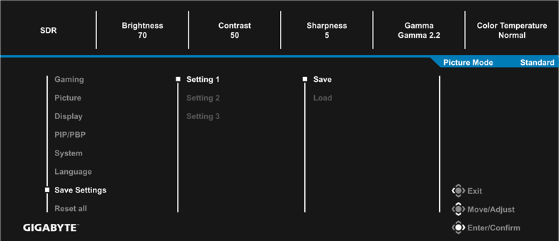GIGABYTE - M27F A - Save Settings Αποθήκευση ρυθμίσεων