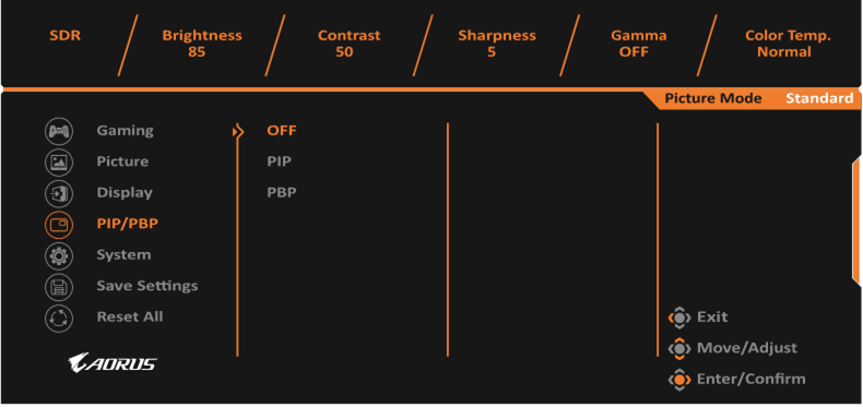 GIGABYTE - AORUS FI32Q - Configure the Device Settings - PIP/PBP Διαμόρφωση των ρυθμίσεων της συσκευής - PIP/PBP