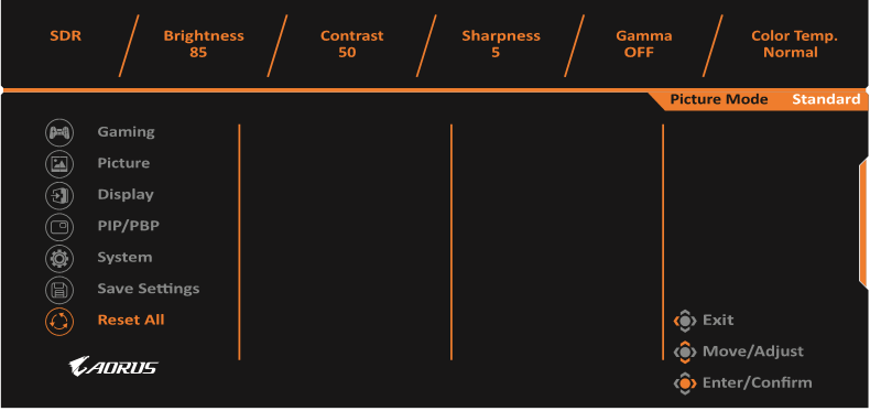 GIGABYTE - AORUS FI32Q - Configure the Device Settings - Reset All Configure the Device Settings - Reset All