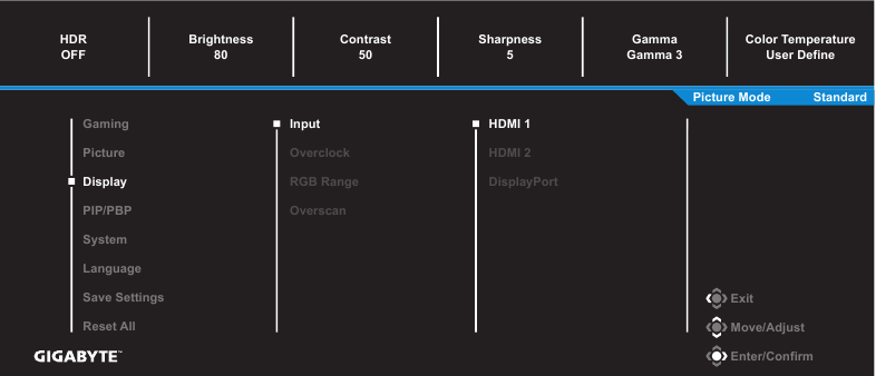 GIGABYTE - G32QC A - Configure the Device Settings - Display Settings Διαμόρφωση των ρυθμίσεων της συσκευής - Ρυθμίσεις οθόνης