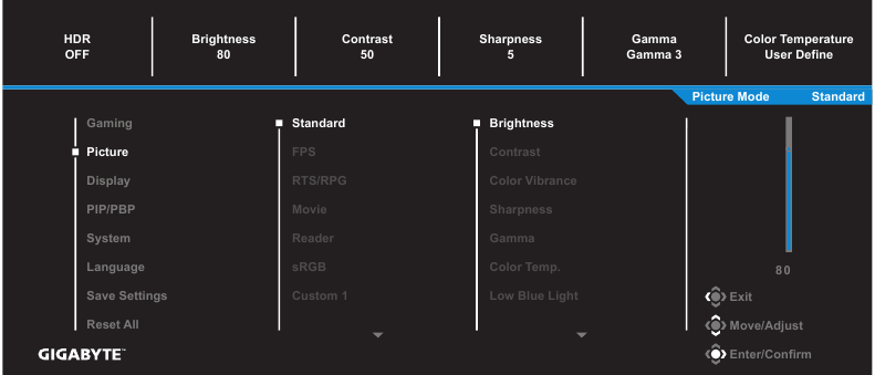 GIGABYTE - G32QC A - Configure the Device Settings - Picture Settings Διαμόρφωση των ρυθμίσεων της συσκευής - Ρυθμίσεις εικόνας