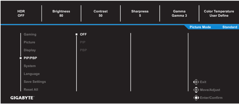 GIGABYTE - G32QC A - Configure the Device Settings - PIP/PBP Settings Διαμόρφωση των ρυθμίσεων της συσκευής - Ρυθμίσεις PIP/PBP
