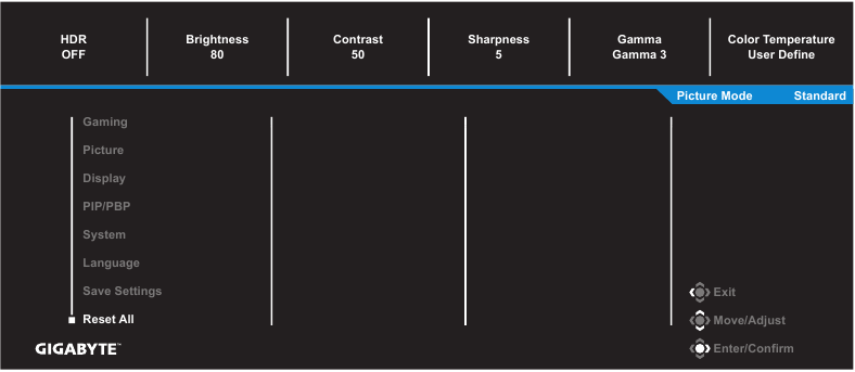 GIGABYTE - G32QC A - Configure the Device Settings - Reset All Διαμόρφωση των ρυθμίσεων της συσκευής - Επαναφορά όλων
