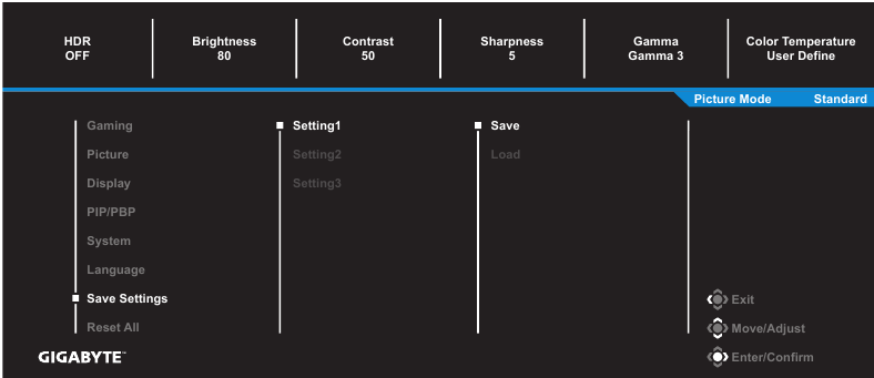 GIGABYTE - G32QC A - Configure the Device Settings - Save Settings Διαμόρφωση των ρυθμίσεων της συσκευής - Αποθήκευση ρυθμίσεων