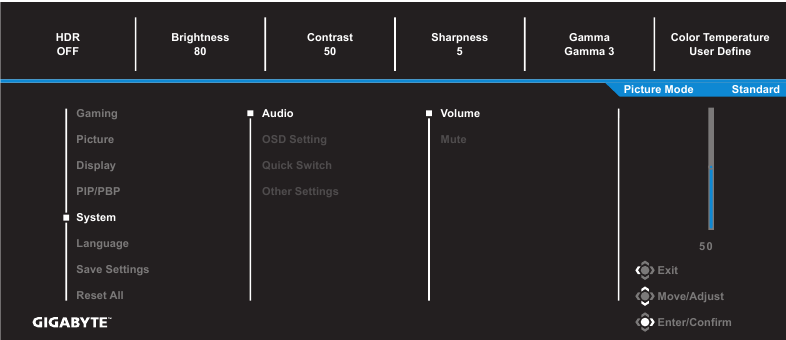 GIGABYTE - G32QC A - Configure the Device Settings - System Settings Διαμόρφωση των ρυθμίσεων της συσκευής - Ρυθμίσεις συστήματος