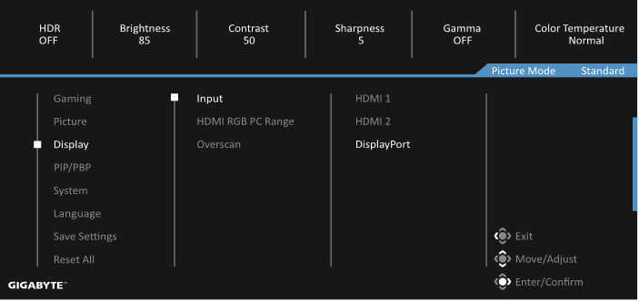 GIGABYTE - G27QC A - Configure the Device Settings - Display Διαμόρφωση των Ρυθμίσεων της Συσκευής - Οθόνη