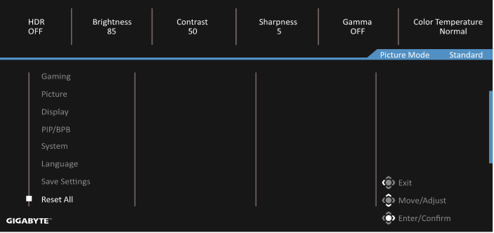 GIGABYTE - G27QC A - Configure the Device Settings - Reset All Διαμόρφωση των Ρυθμίσεων της Συσκευής - Επαναφορά Όλων