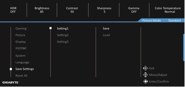 GIGABYTE - G27QC A - Configure the Device Settings - Save Settings Διαμόρφωση των Ρυθμίσεων της Συσκευής - Αποθήκευση Ρυθμίσεων