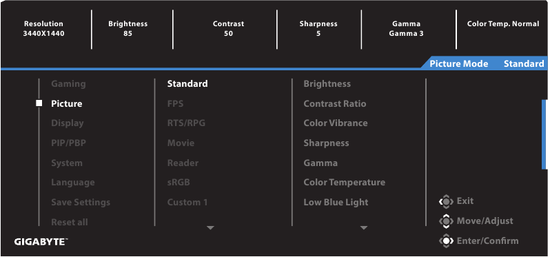 GIGABYTE - G34WQC A - Διαμόρφωση των ρυθμίσεων της συσκευής - Ρυθμίσεις εικόνας Διαμόρφωση των ρυθμίσεων της συσκευής - Ρυθμίσεις εικόνας