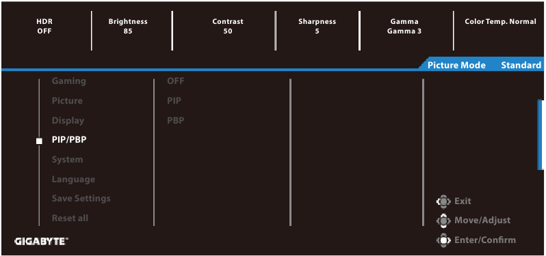 GIGABYTE - G34WQC A - Διαμόρφωση των ρυθμίσεων της συσκευής - Ρυθμίσεις PIP/PBP Διαμόρφωση των ρυθμίσεων της συσκευής - Ρυθμίσεις PIP/PBP