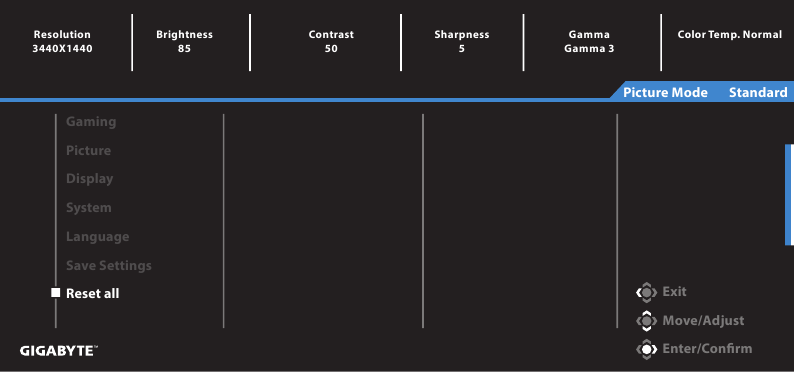 GIGABYTE - G34WQC A - Διαμόρφωση των ρυθμίσεων της συσκευής - Επαναφορά όλων Διαμόρφωση των ρυθμίσεων της συσκευής - Επαναφορά όλων