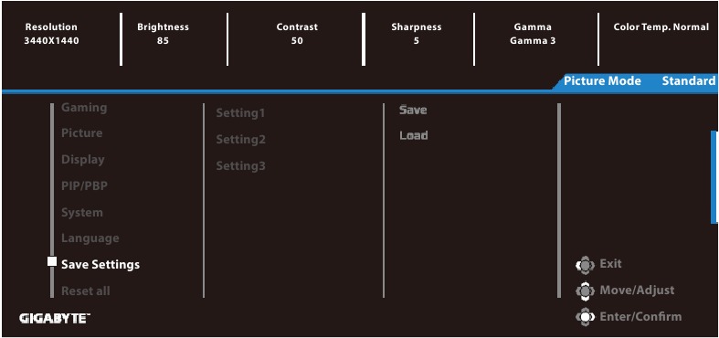 GIGABYTE - G34WQC A - Διαμόρφωση των ρυθμίσεων της συσκευής - Αποθήκευση ρυθμίσεων Διαμόρφωση των ρυθμίσεων της συσκευής - Αποθήκευση ρυθμίσεων