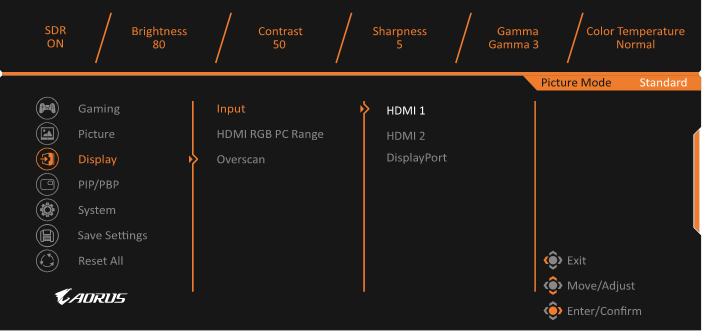 GIGABYTE - AORUS FI25F - Configure the Device Settings - Display Διαμόρφωση των ρυθμίσεων της συσκευής - Οθόνη
