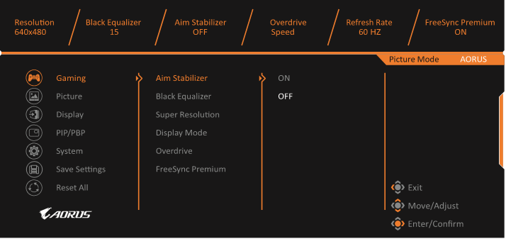 GIGABYTE - AORUS FI25F - Configure the Device Settings - Gaming Διαμόρφωση των ρυθμίσεων της συσκευής - Gaming