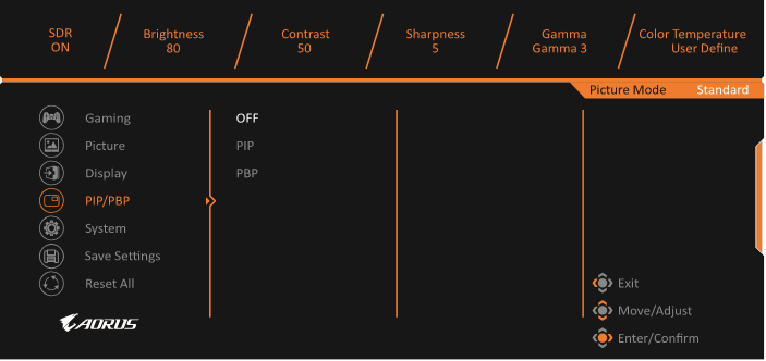GIGABYTE - AORUS FI25F - Configure the Device Settings - PIP/PBP Διαμόρφωση των ρυθμίσεων της συσκευής - PIP/PBP