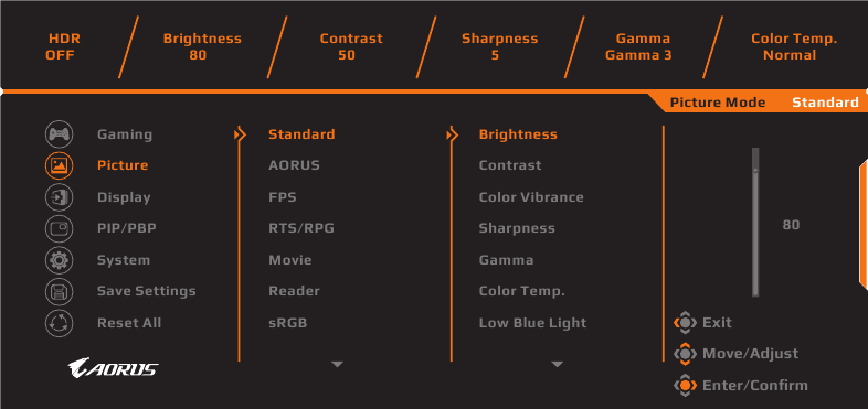 GIGABYTE - AORUS FI27Q-P - Billedindstillinger Billedindstillinger