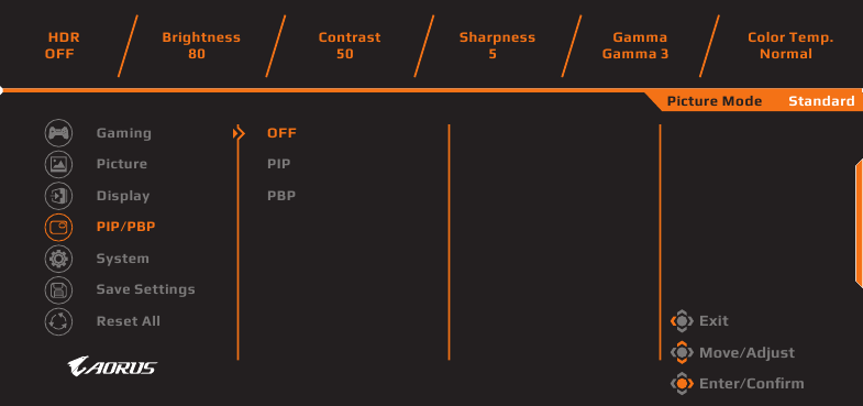 GIGABYTE - AORUS FI27Q-P - PIP/PBP Indstillinger PIP/PBP Indstillinger