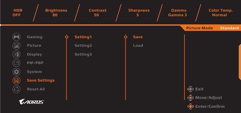 GIGABYTE - AORUS FI27Q-P - Gem indstillinger Gem indstillinger