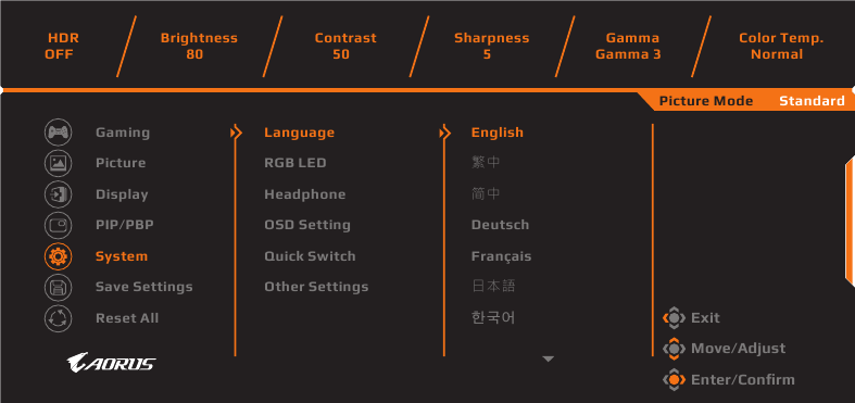 GIGABYTE - AORUS FI27Q-P - Systemindstillinger Systemindstillinger