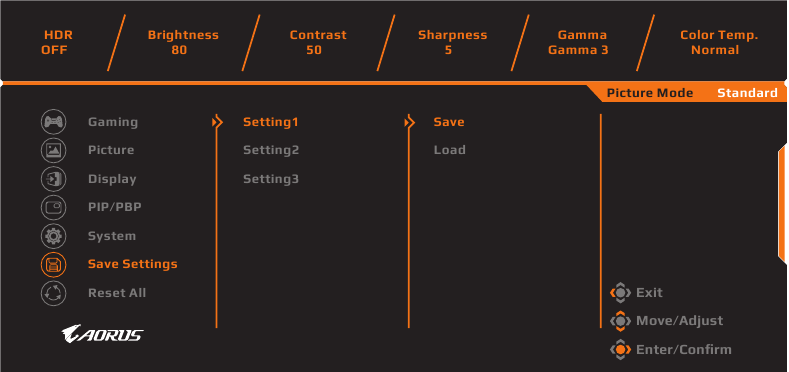 GIGABYTE - AORUS FI27Q - Διαμόρφωση των ρυθμίσεων της συσκευής - Αποθήκευση ρυθμίσεων Διαμόρφωση των ρυθμίσεων της συσκευής - Αποθήκευση ρυθμίσεων