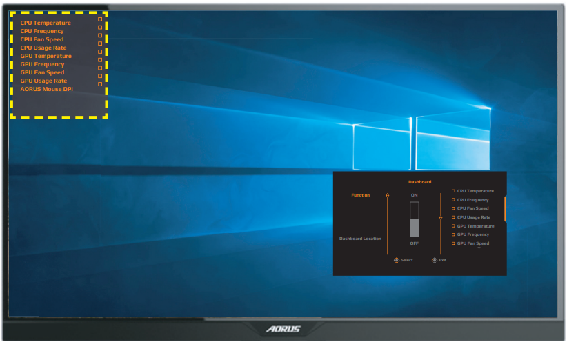 GIGABYTE - AORUS FI27Q - Οδηγός πλήκτρου λειτουργιών - Διαμόρφωση Dashboard Οδηγός πλήκτρου λειτουργιών - Διαμόρφωση Dashboard
