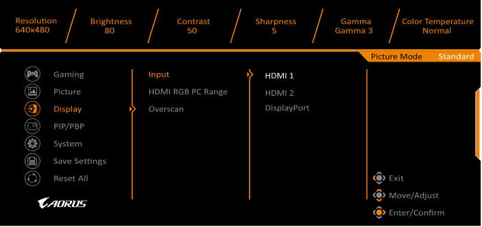 GIGABYTE - AORUS KD25F - Configure the Device Settings - Display Διαμόρφωση των Ρυθμίσεων της Συσκευής - Οθόνη