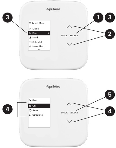 Aprilaire - S86N MU - WYBIERZ USTAWIENIE WENTYLATORA (AUTO / ON / CIRCULATE) WYBIERZ USTAWIENIE WENTYLATORA (AUTO / ON / CIRCULATE)