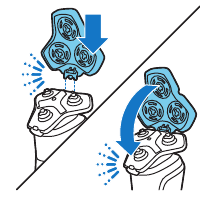 Introduzca la bisagra del soporte del cabezal de afeitado en la ranura de la parte superior de la unidad de afeitado y cierre la unidad de afeitado.