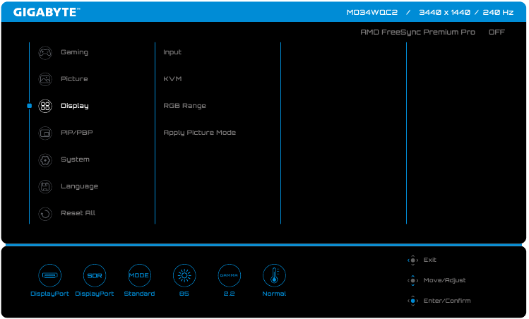 Gigabyte - MO34WQC - Διαμόρφωση των ρυθμίσεων της συσκευής - Ρυθμίσεις οθόνης Διαμόρφωση των ρυθμίσεων της συσκευής - Ρυθμίσεις οθόνης