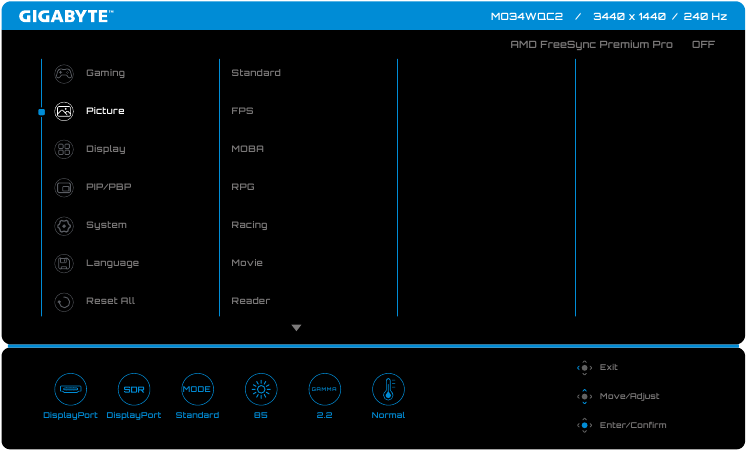 Gigabyte - MO34WQC - Διαμόρφωση των ρυθμίσεων της συσκευής - Ρυθμίσεις εικόνας Διαμόρφωση των ρυθμίσεων της συσκευής - Ρυθμίσεις εικόνας