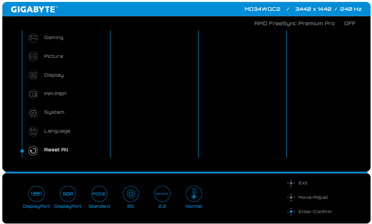 Gigabyte - MO34WQC - Διαμόρφωση των ρυθμίσεων της συσκευής - Επαναφορά όλων Διαμόρφωση των ρυθμίσεων της συσκευής - Επαναφορά όλων