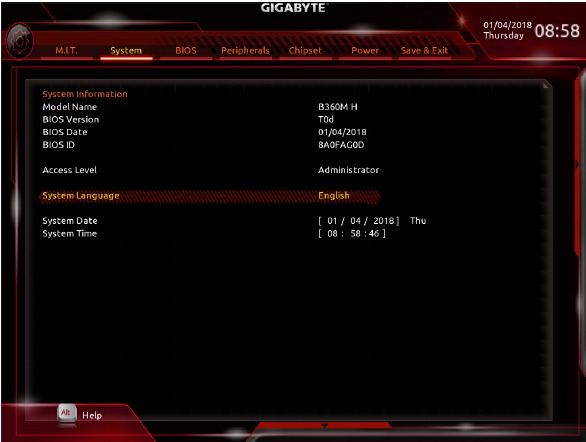 Εικόνα της οθόνης System (Σύστημα) του BIOS